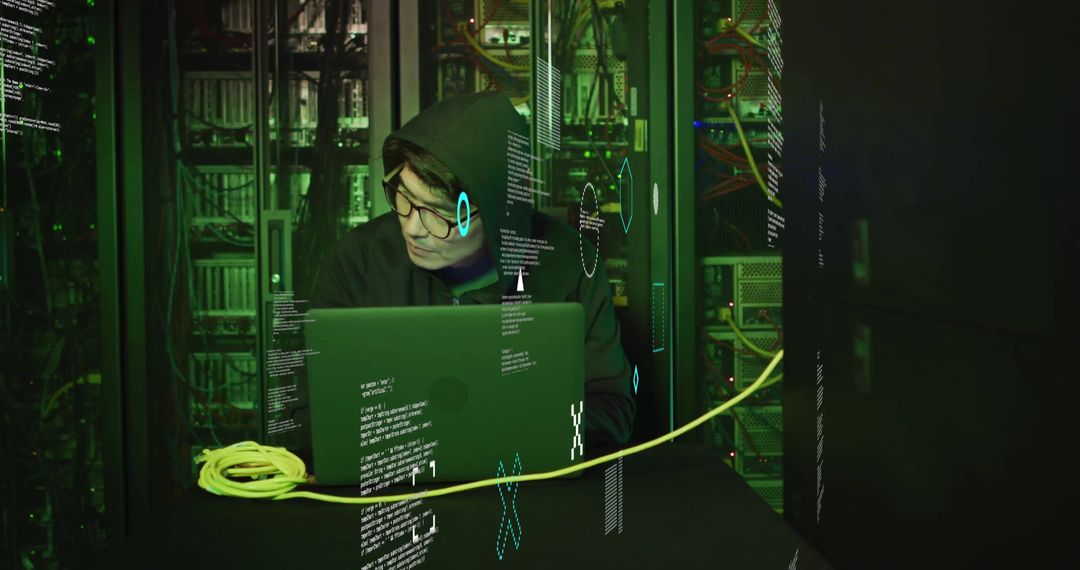 Hacker in Dark Server Room Surrounded by Data Encryption - Free Images, Stock Photos and Pictures on Pikwizard.com