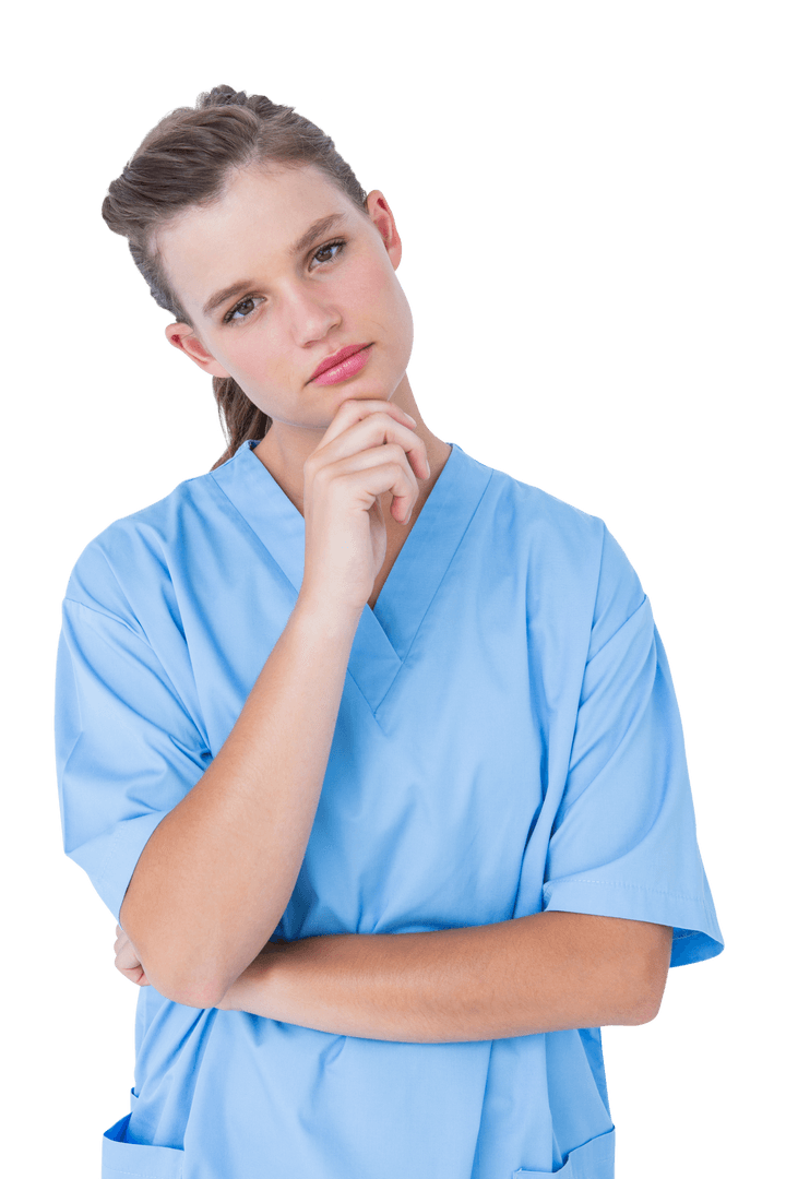 Thoughtful Nurse in Scrubs with Hand on Chin on Transparent Background