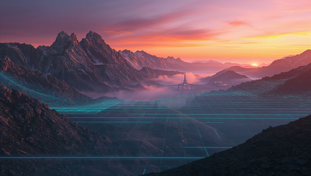 Neon Grid Mountain Valley at Sunset with Futuristic Spire and Cyan Mesh Overlay at Twilight