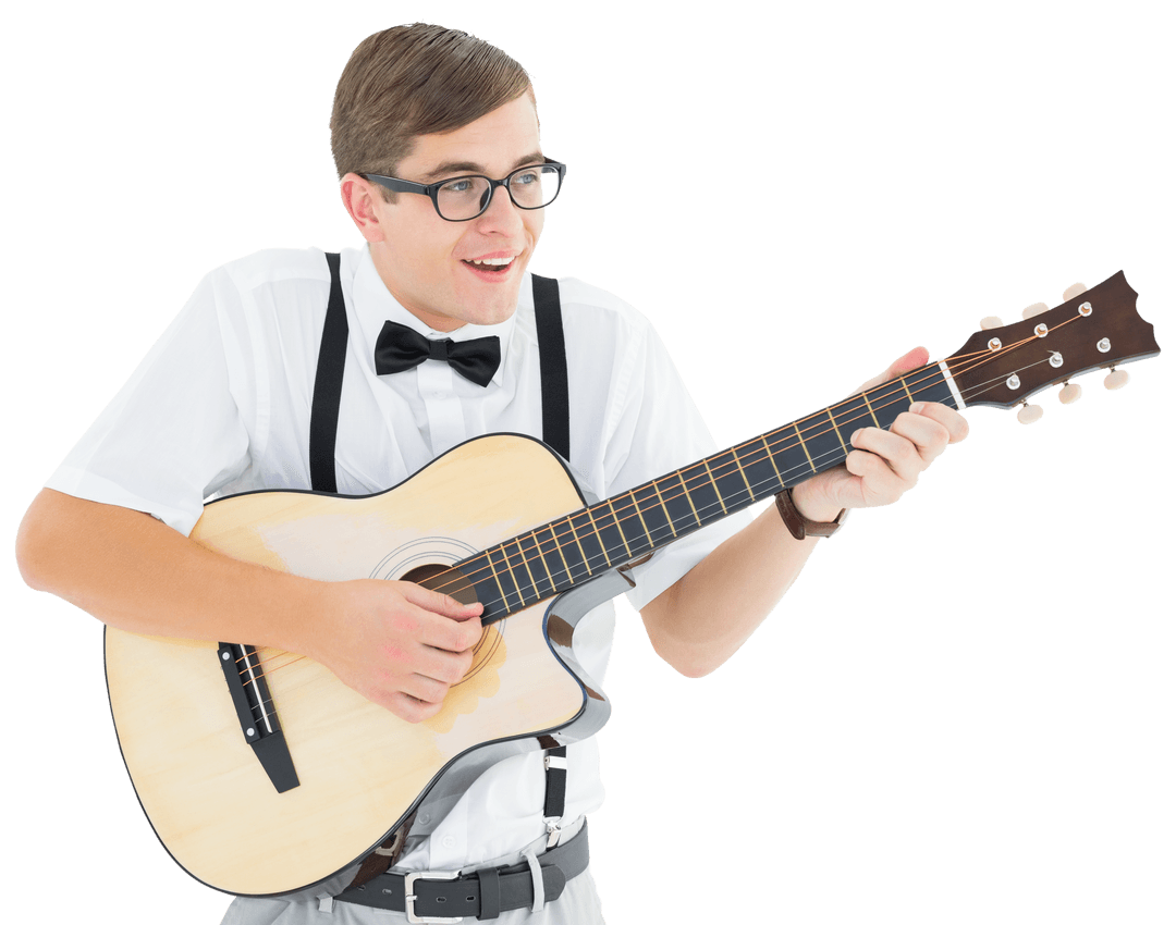 Geeky Young Man Playing Guitar with Enthusiasm in Transparent Background