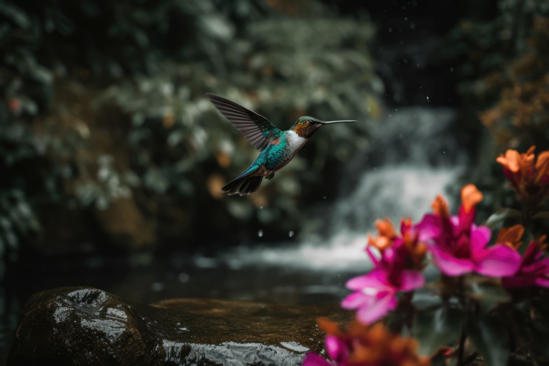 Hummingbird hovering by purple flower over river, created using generative ai technology - Free Images, Stock Photos and Pictures on Pikwizard.com