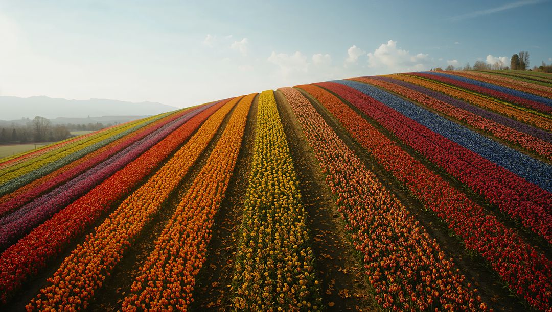 Vibrant Multicolored Tulip Fields on Rolling Hillside