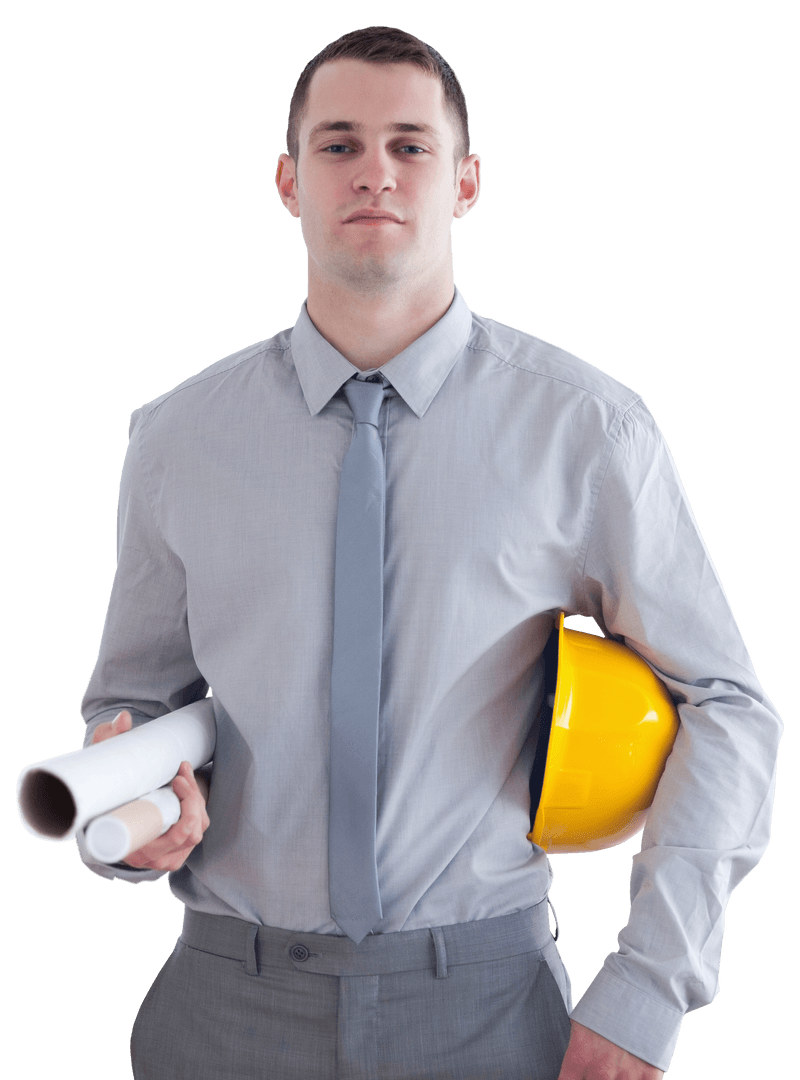 Transparent Architect Carrying Construction Plans and Helmet