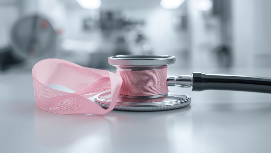Stethoscope with pink ribbon symbolizing medical awareness