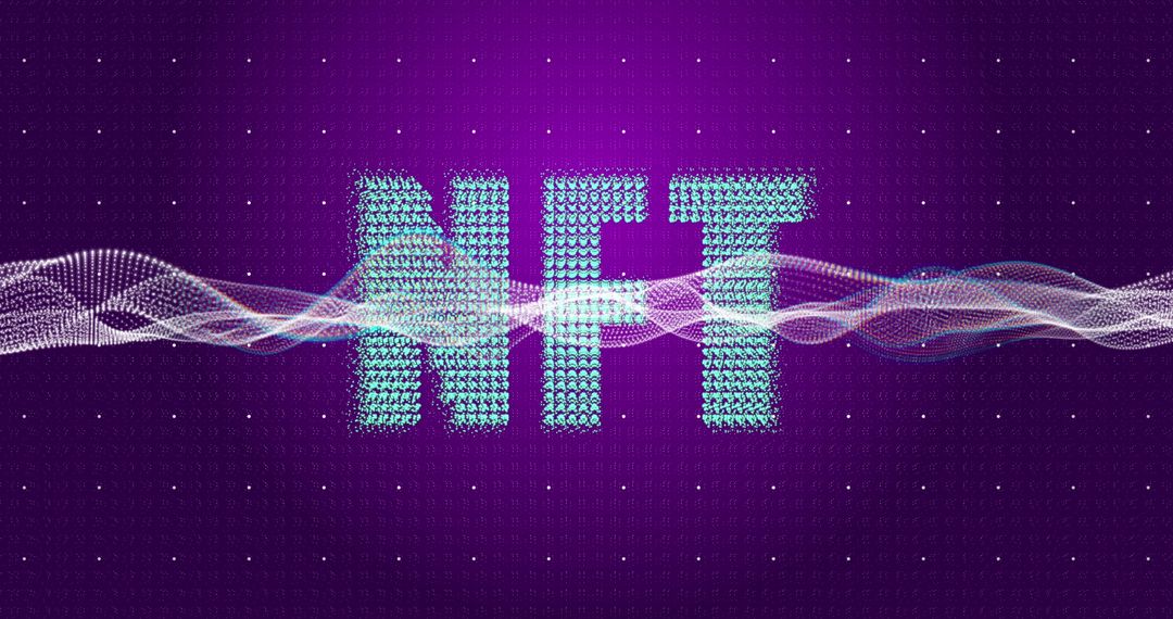 Digital NFT Text on Purple Background with Abstract Waves