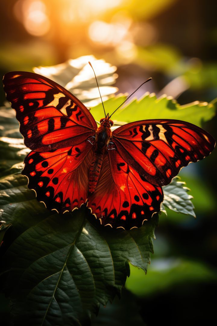 Close-Up of Vibrant Red Butterfly on Sunlit Leaf - Free Images, Stock Photos and Pictures on Pikwizard.com