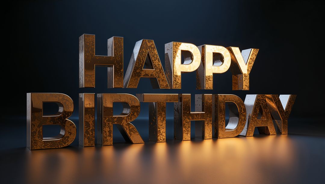 Glowing metallic gold 3D HAPPY BIRTHDAY letters reflecting on polished studio floor
