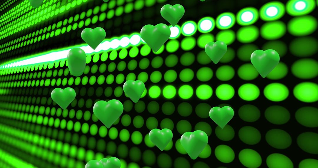 Floating Green Hearts Over Dotted Green Background