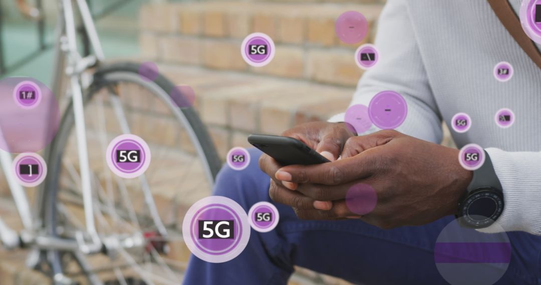 African American Man Using Smartphone with 5G Concept