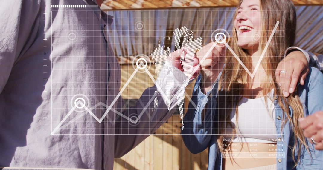 Team analyzing growth graph with augmented reality HUD overlay outdoors under pergola