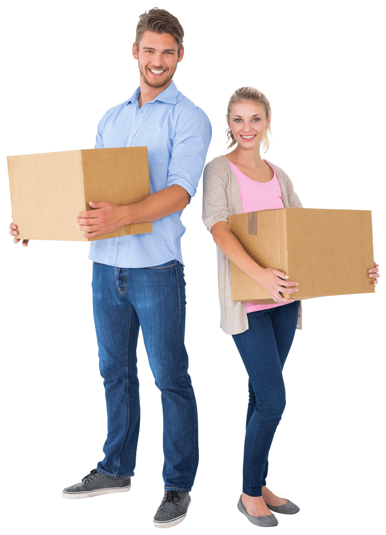 Smiling Couple Carrying Moving Boxes on Transparent Background