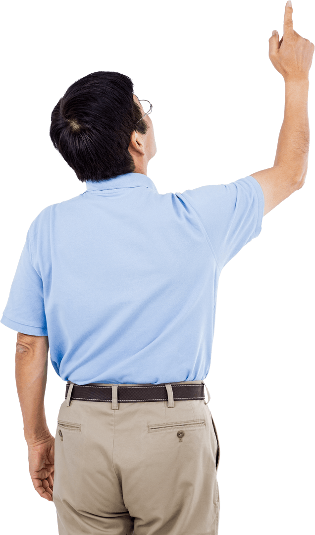 Rear View of Man in Light Blue Shirt Pointing on Transparent Background