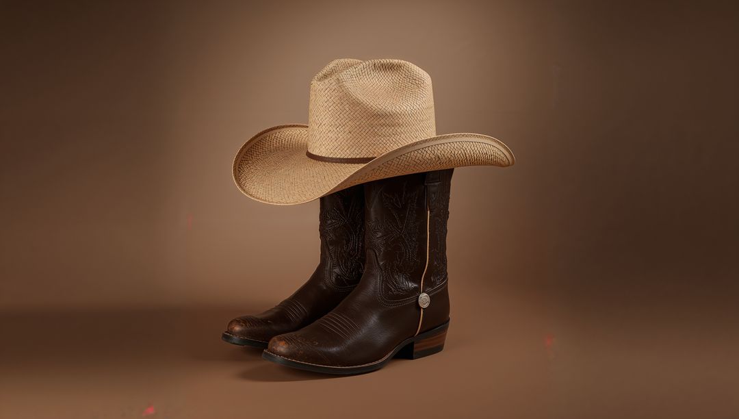 Cowboy Boots Supporting Straw Hat in Rustic Studio