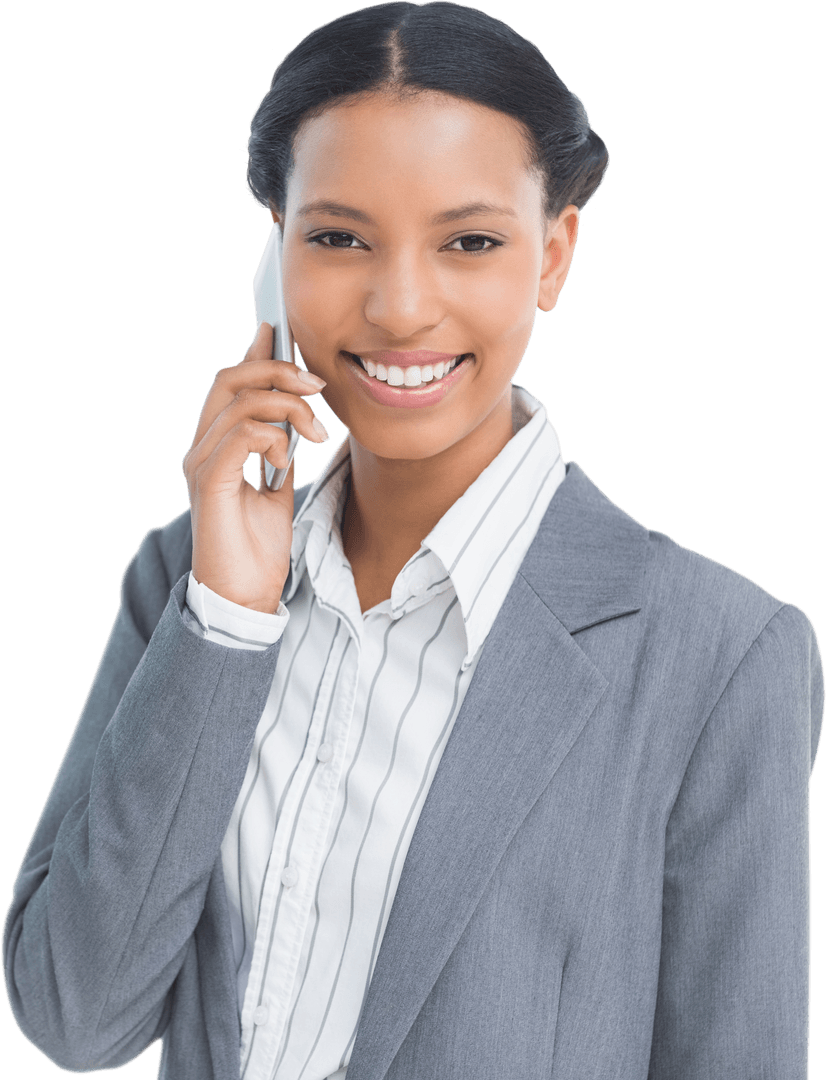 Transparent Smiling Businesswoman on Mobile Phone in Grey Suit
