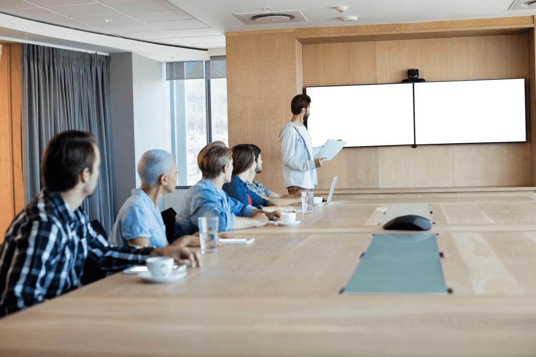 Transparent Professional Meeting Presentation with Diverse Team in Office