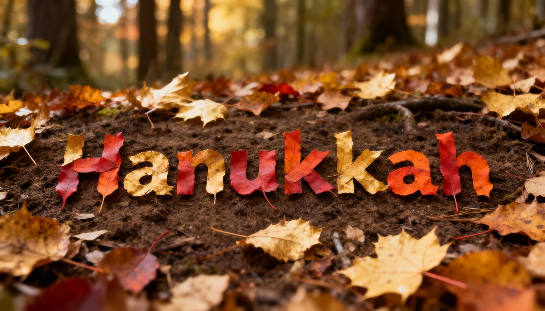 Autumn leaf letters spelling Hanukkah on forest floor with warm sunlight and bokeh