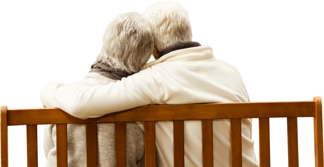 Senior Couple Embracing on Wooden Bench with Transparent Background