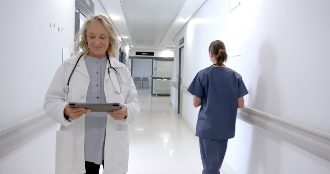 Female Doctor Smiling While Using Tablet in Hospital Corridor - Free Images, Stock Photos and Pictures on Pikwizard.com