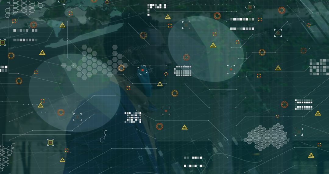 Digital Interface Overlay on Businessman Analyzing Data