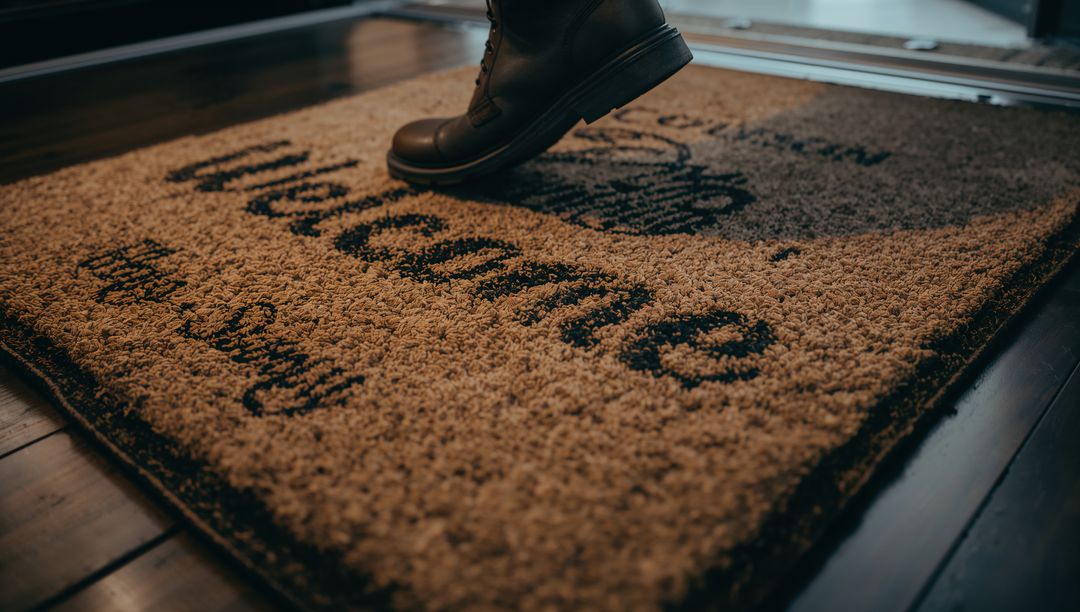 Stepping Leather Boot on Welcome Doormat at Home Entrance Threshold