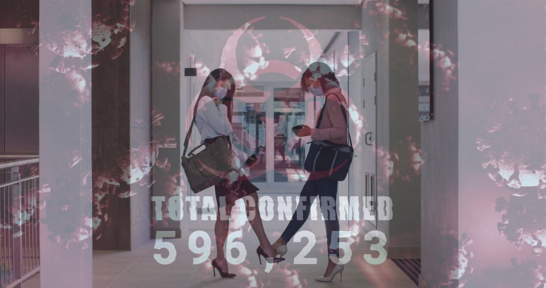 Colleagues in Masks Greeting with Graphic Overlay of COVID-19 Data