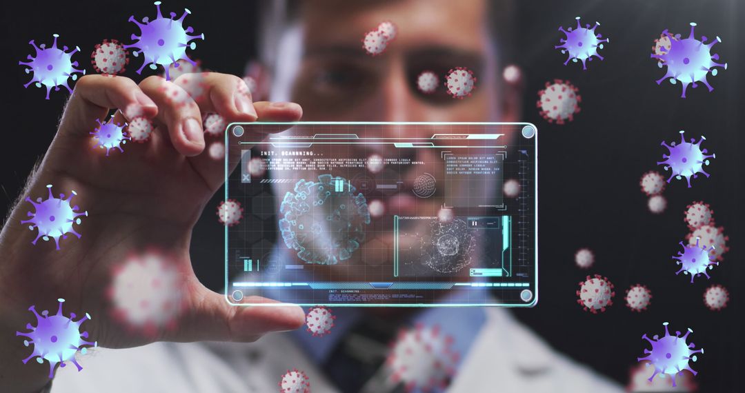 Scientist Studying Virus Data on Transparent Digital Interface