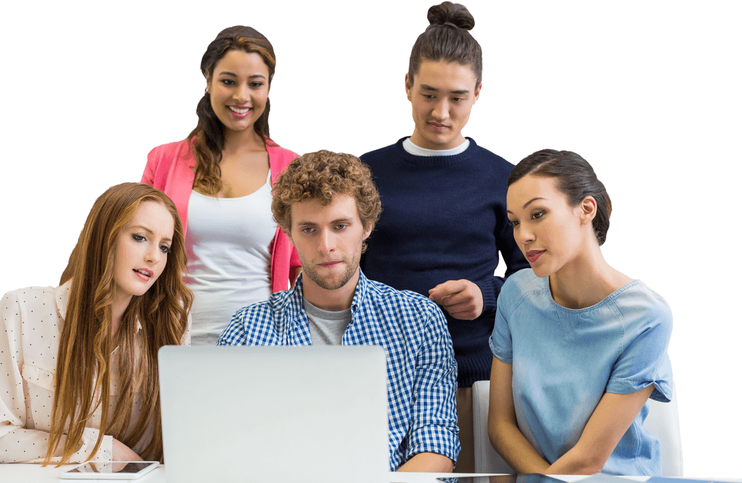 Diverse Team Collaborating Over Laptop in Transparent Workspace