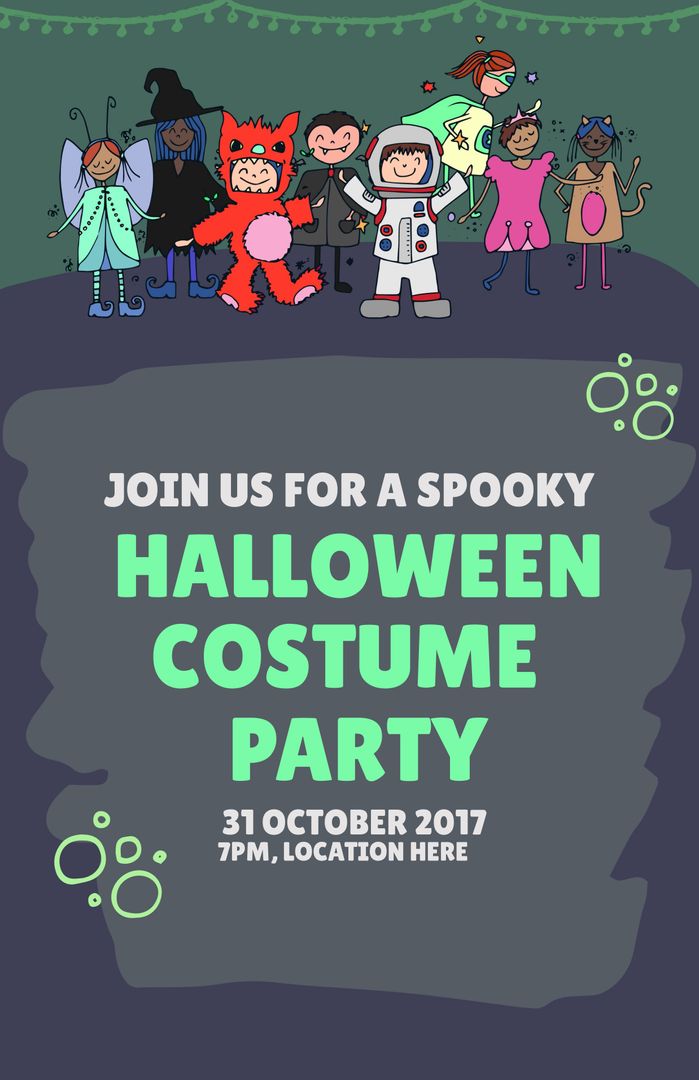 Halloween Costume Party Invitation with Children in Colorful Outfits