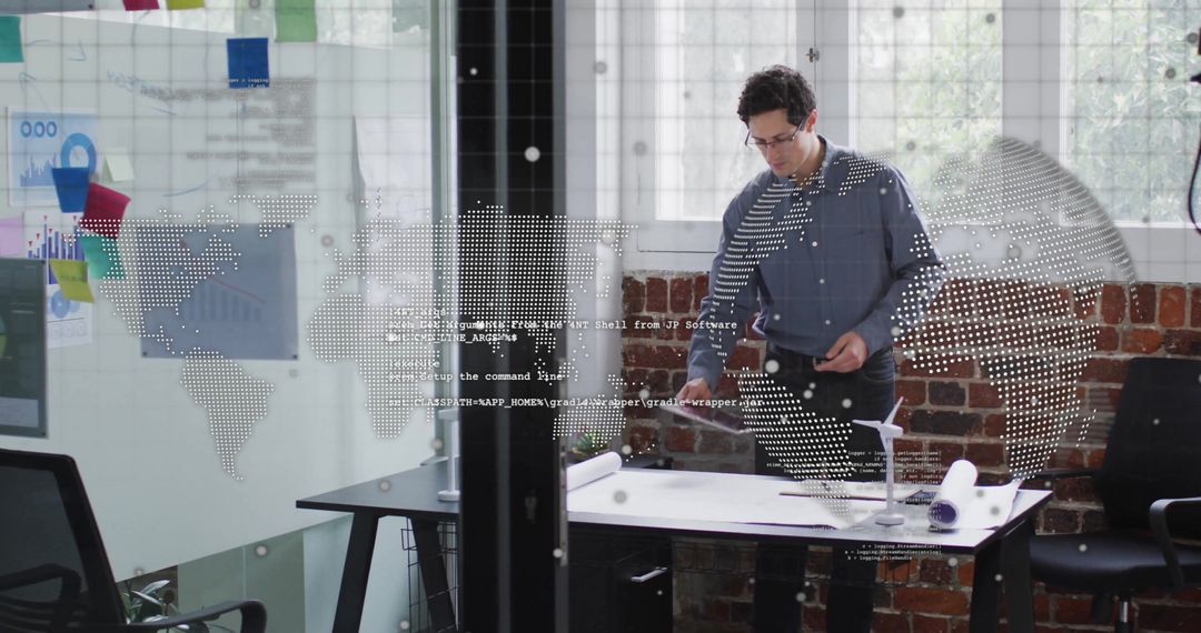 Businessman Analyzing Financial Data in Modern Office with Global Overlay