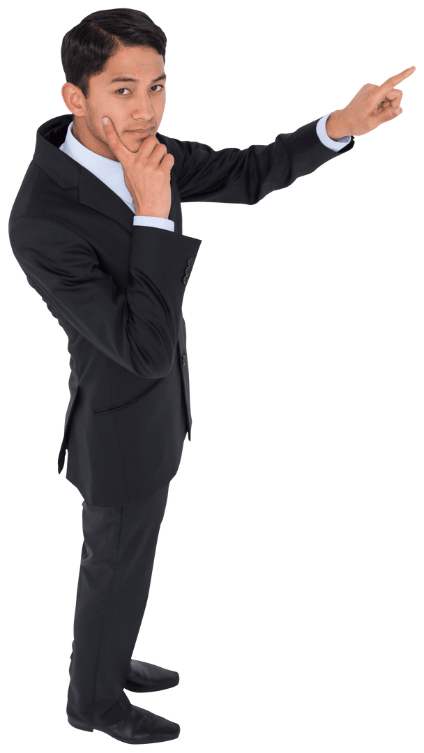 Thinking Asian Businessman Pointing on Transparent Background