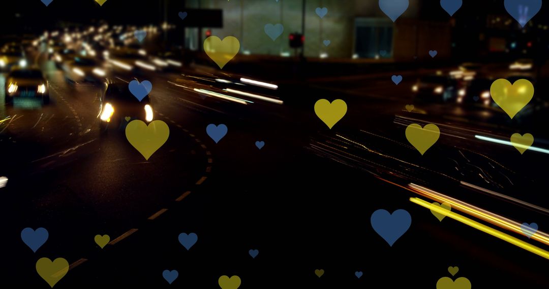Night Cityscape with Floating Hearts Symbolizing Peace and Unity