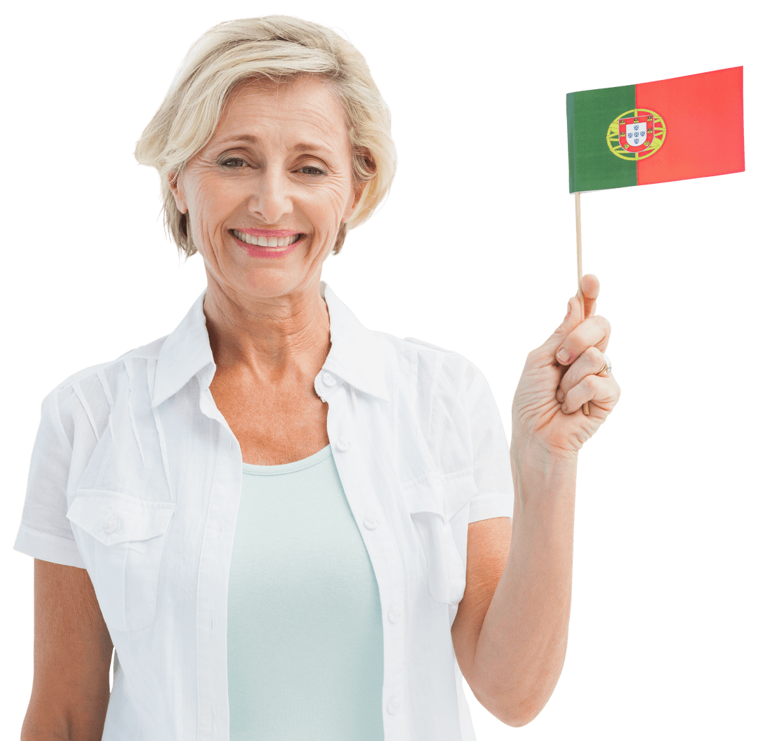 Smiling Businesswoman Holding Portugal Flag on Transparent Background