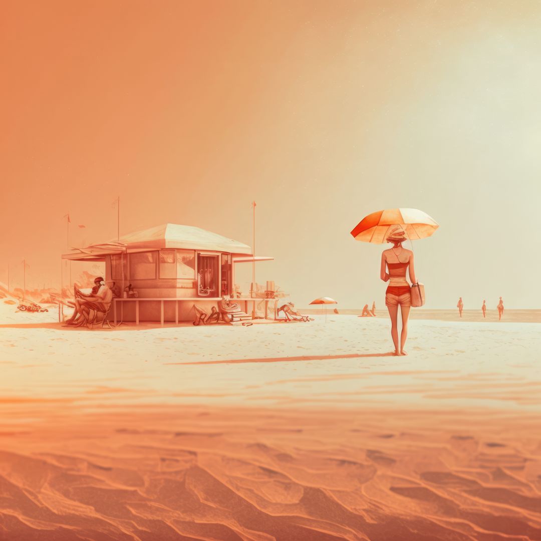 Retro Beach Scene with Woman Holding Umbrella - Free Images, Stock Photos and Pictures on Pikwizard.com