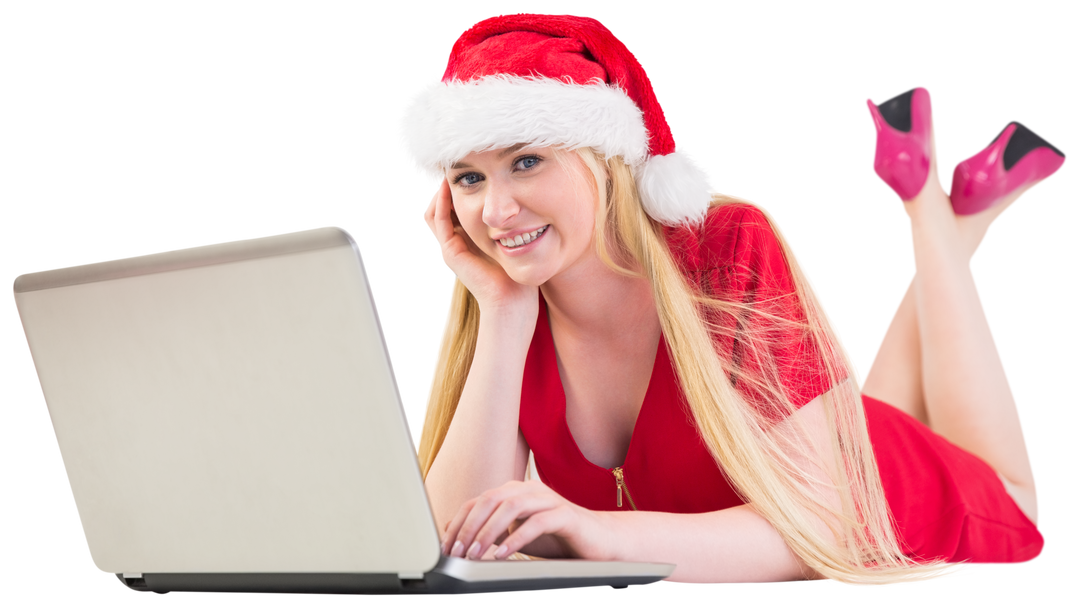 Festive Blonde Woman Using Laptop for Online Shopping on Transparent Background - Download Free Stock Images Pikwizard.com