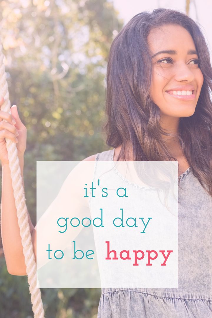 Joyful Woman Smiling with Inspirational Message Outdoors