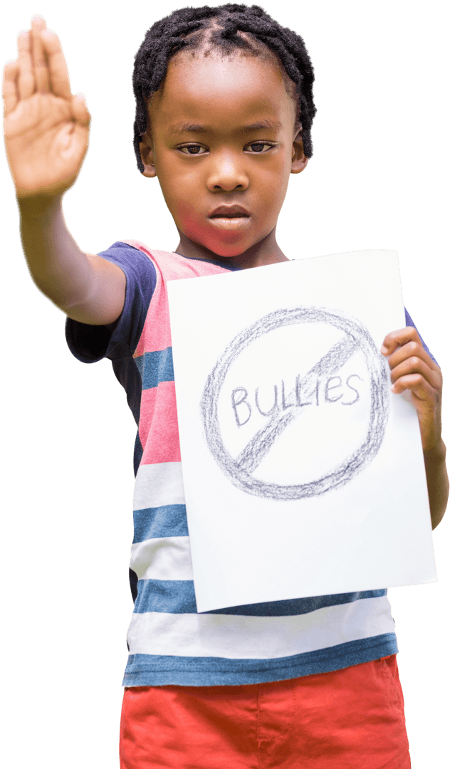 Transparent Boy Holding Sign Against Bullying Showing Stop Gesture
