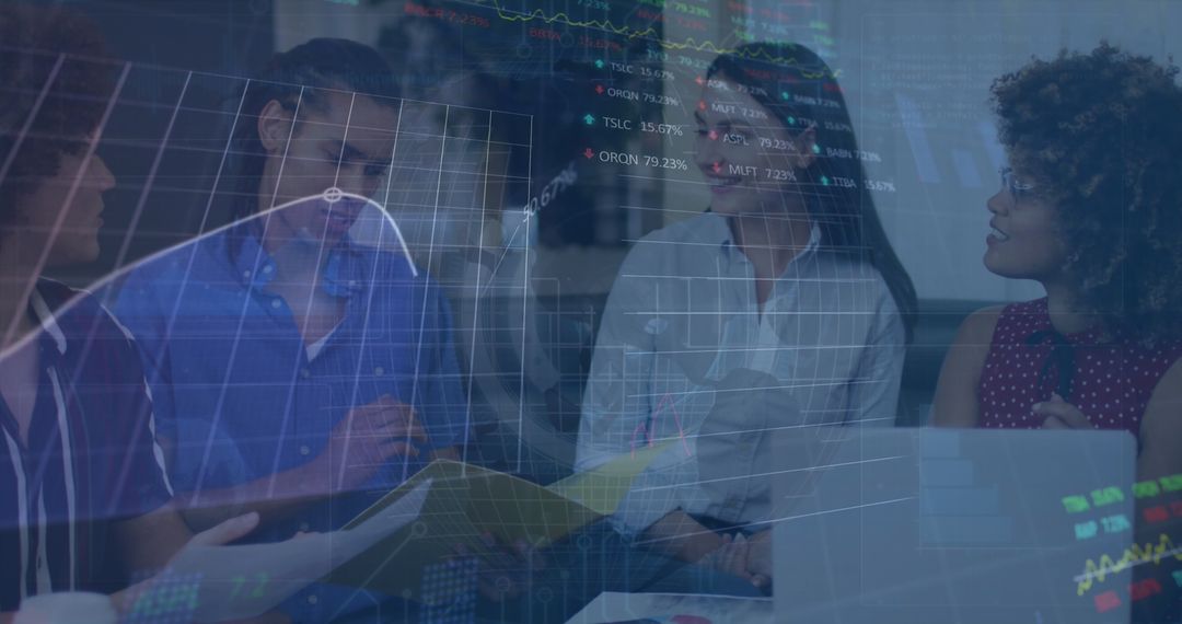 Diverse Team Analyzing Reports With Graph Overlay