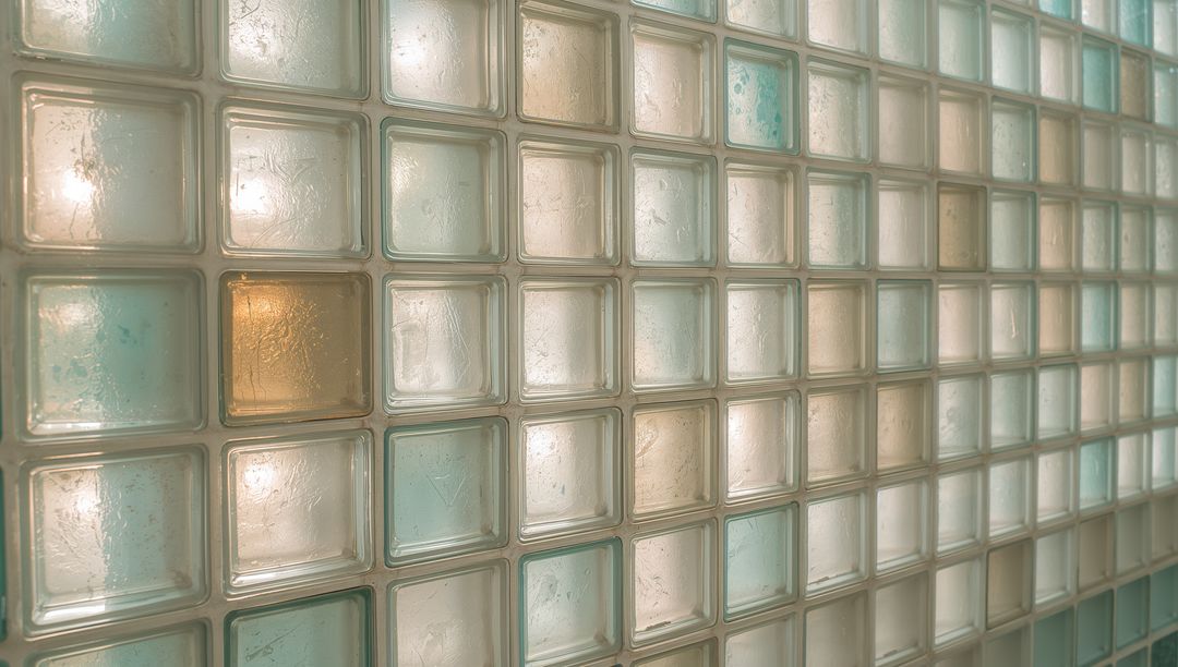 Translucent glass block wall diffusing warm light, textured square grid divider