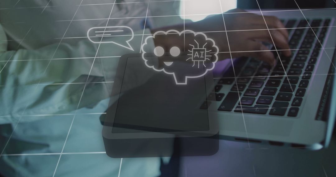 AI Chat Icons Overlay on Businessman Using Laptop