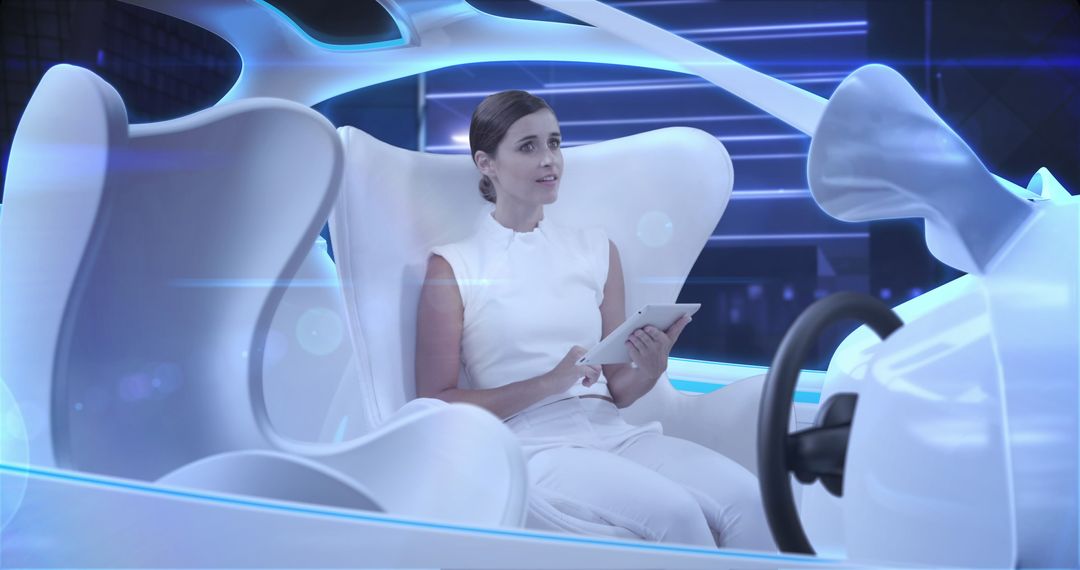 Woman Using Tablet in Futuristic Autonomous Vehicle