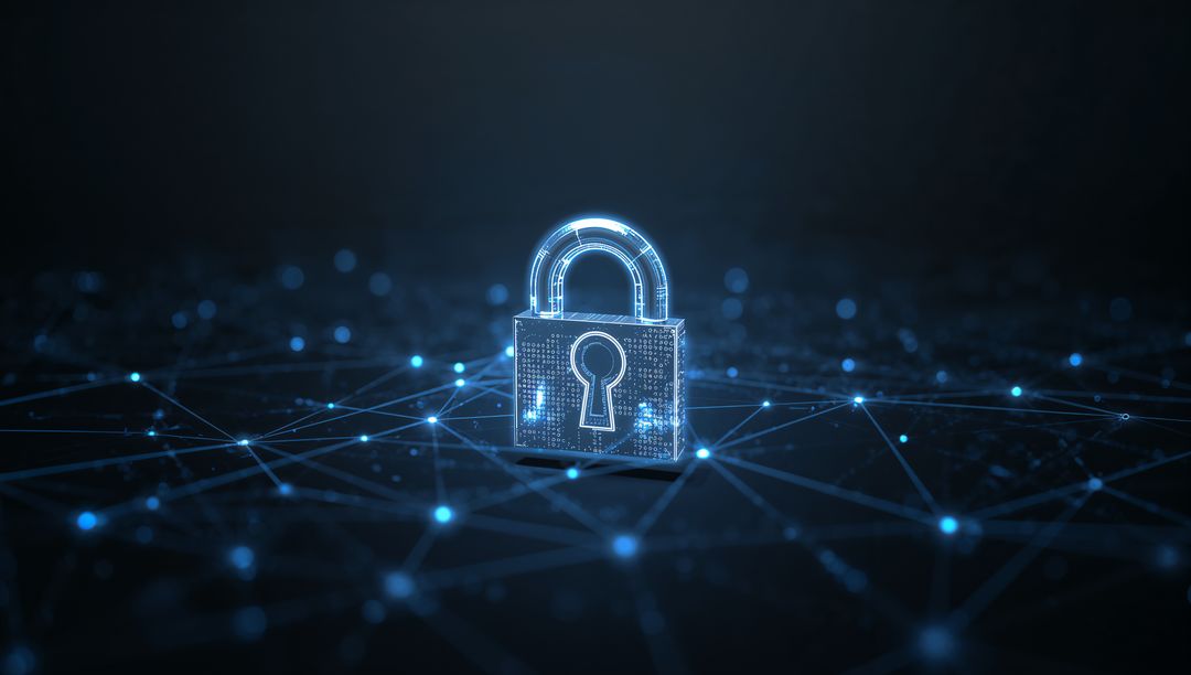 Floating Holographic Padlock Over Glowing Cyber Network Grid