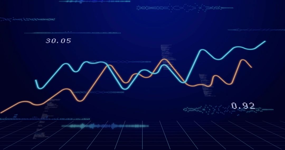 Holographic Neon Trend Lines Dashboard Showing Cyan and Orange Data Waves Over Grid