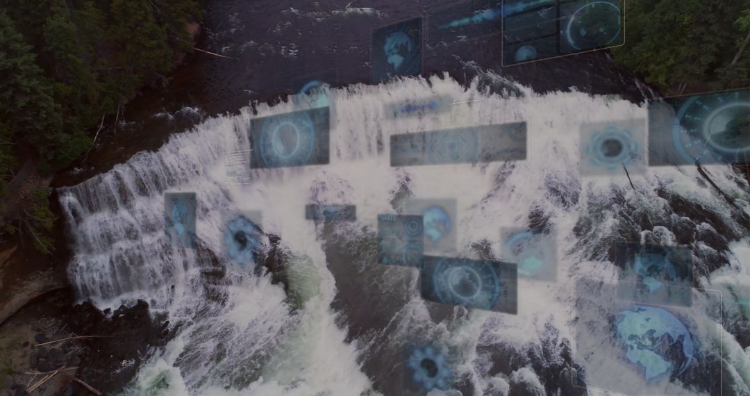 Aerial View of Waterfall with Holographic Data Overlays