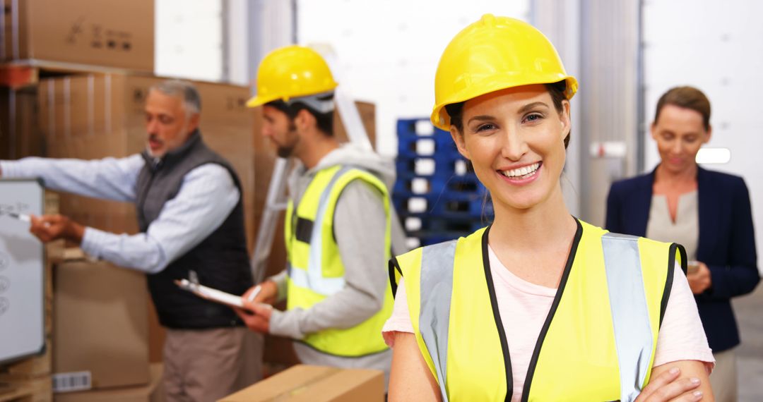 Smiling Female Construction Worker in Warehouse with Colleagues - Free Images, Stock Photos and Pictures on Pikwizard.com