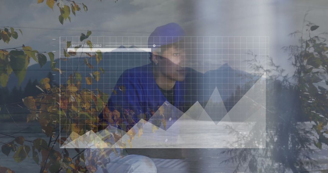 Person at Lakeside with Digital Interface Overlay in Autumn