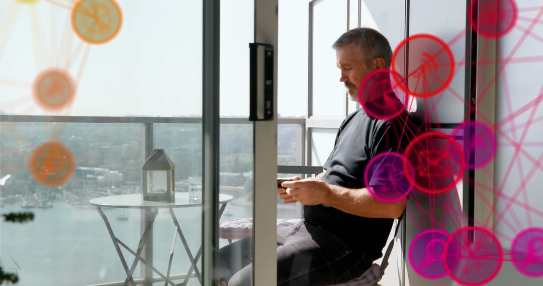 Senior Man Using Smartphone on Balcony Surrounded by Virtual Network