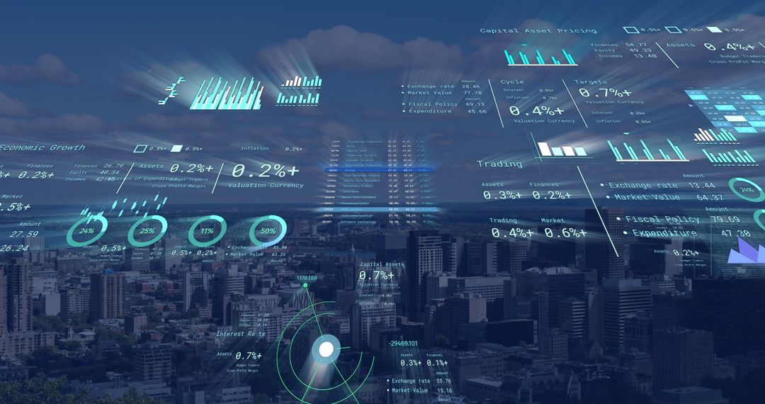 Futuristic Financial Data Visualization Over City Skyline