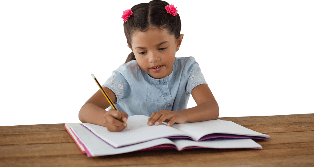 Happy Girl Writing in Notebook with Pigtails and Flower Clips Transparency
