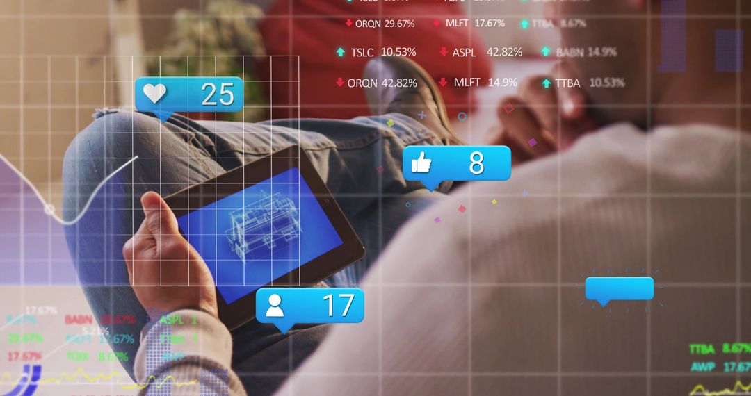 Analyzing Man Using Tablet with Social Media and Data Icons at Home