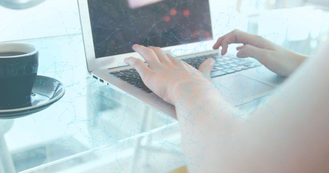 Woman Using Laptop in Futuristic Data Processing Environment